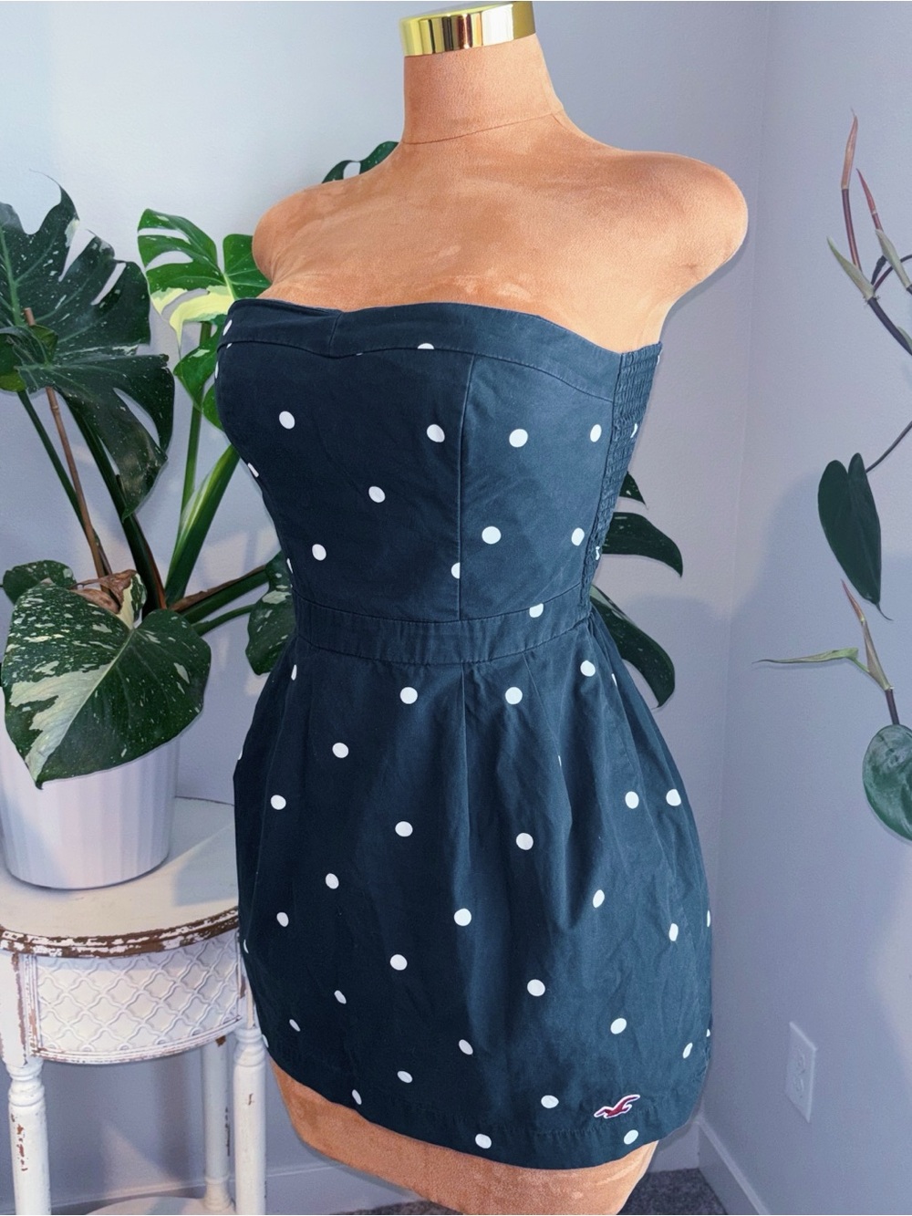 Y2K Hollister Black White Polka Dot Strapless Mini Dress Smocked Back M